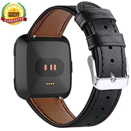 DBoer Bands Compatible Fitbit Versa Strap Genuine Leather Replacement Wristband Fitness Adjustable Watch Band-Black