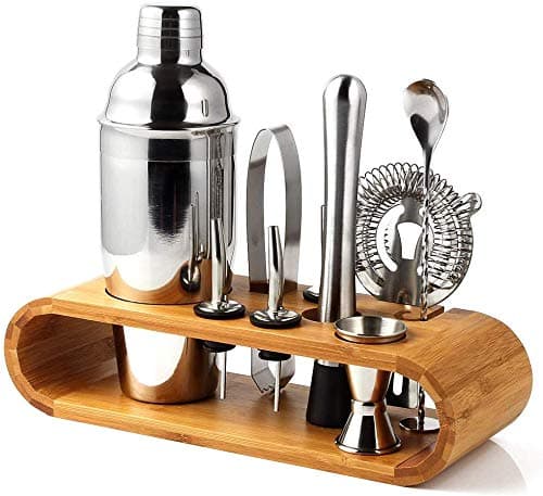 10 Pieces Cocktail Making Bar Tool Set Martini Shaker Bartender Kit with Display Stand, 750ml Cocktail Shaker, pourers, Double sided Jigger, Mojito Muddler, Mixing Spoon, Hawthorne strainer, Ice tongs