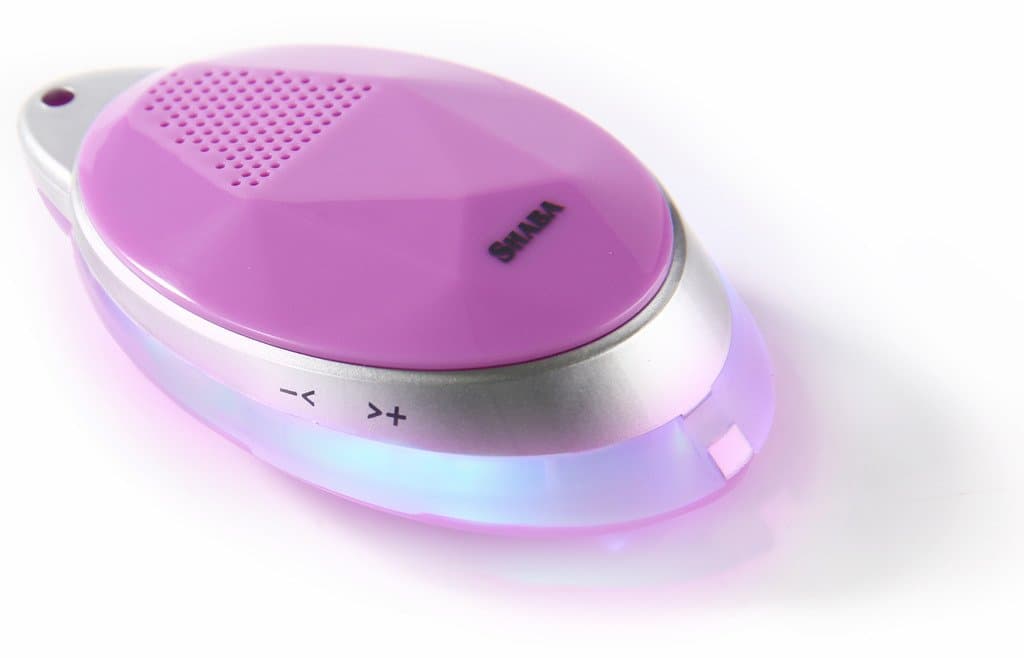 Wearable Speaker with neck strap, SHABA Smart Bluetooth Speaker with Selfie Remote control, LED Light effect, voice recorder, hand-free (Violet)