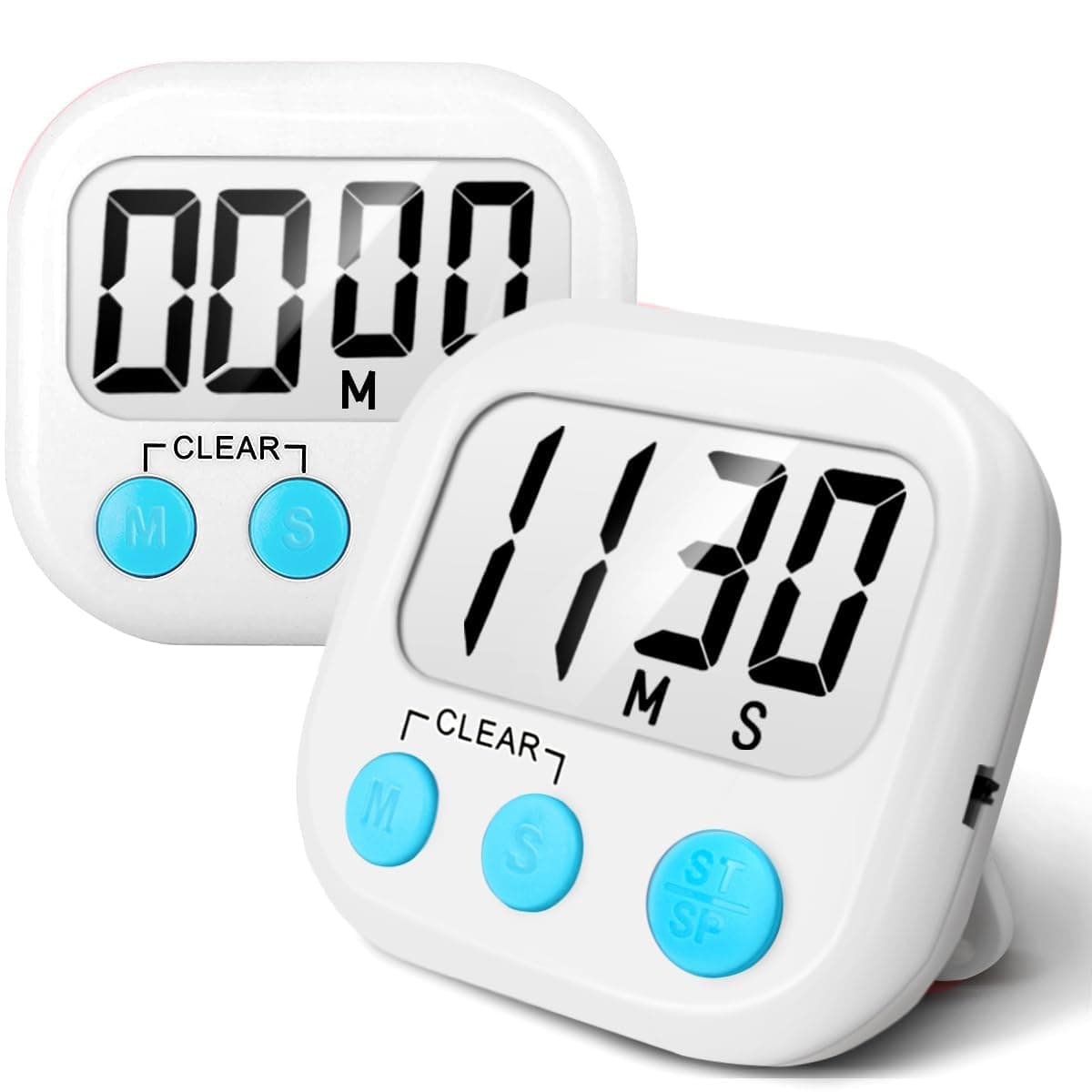 AOUCE 2 Pack Digital Kitchen Timer for Cooking Big Digits Loud Alarm Magnetic Backing Stand Cooking Timers for Baking White