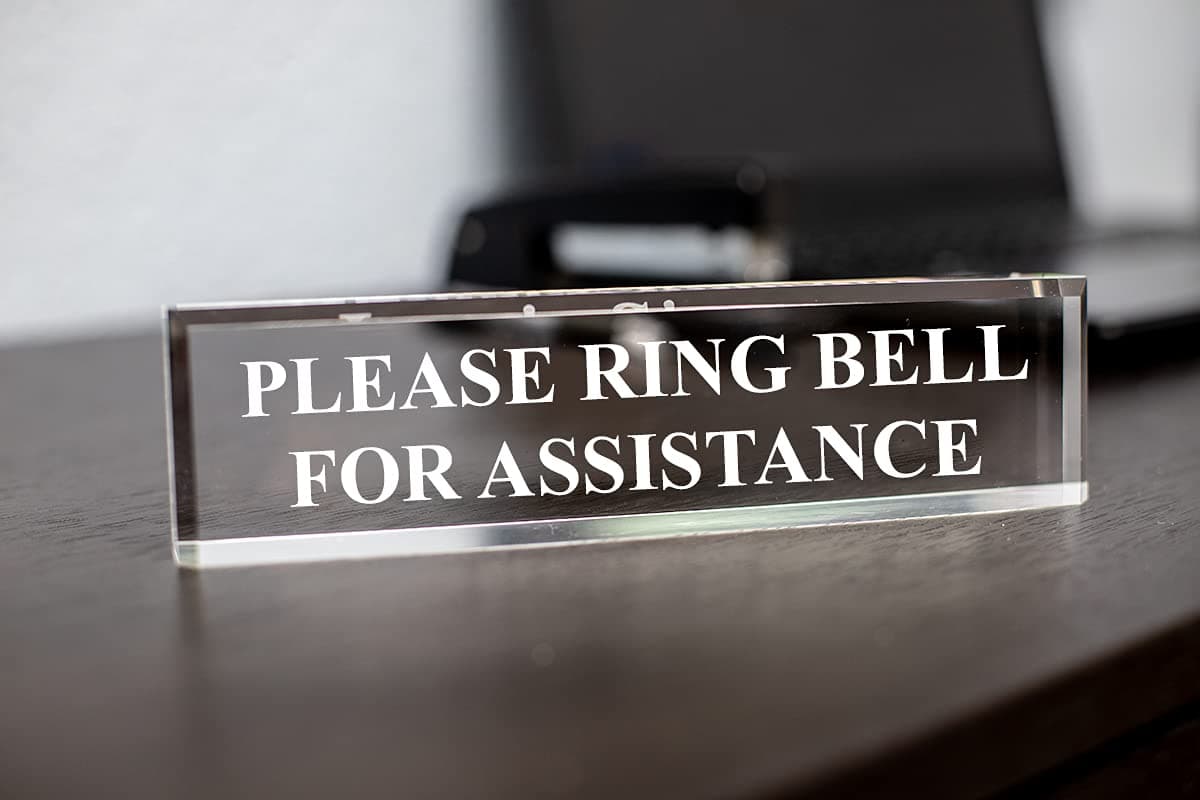 Please Ring Bell For Assistance 2" x 8" Clear Acrylic - Office Desk Accessories Décor