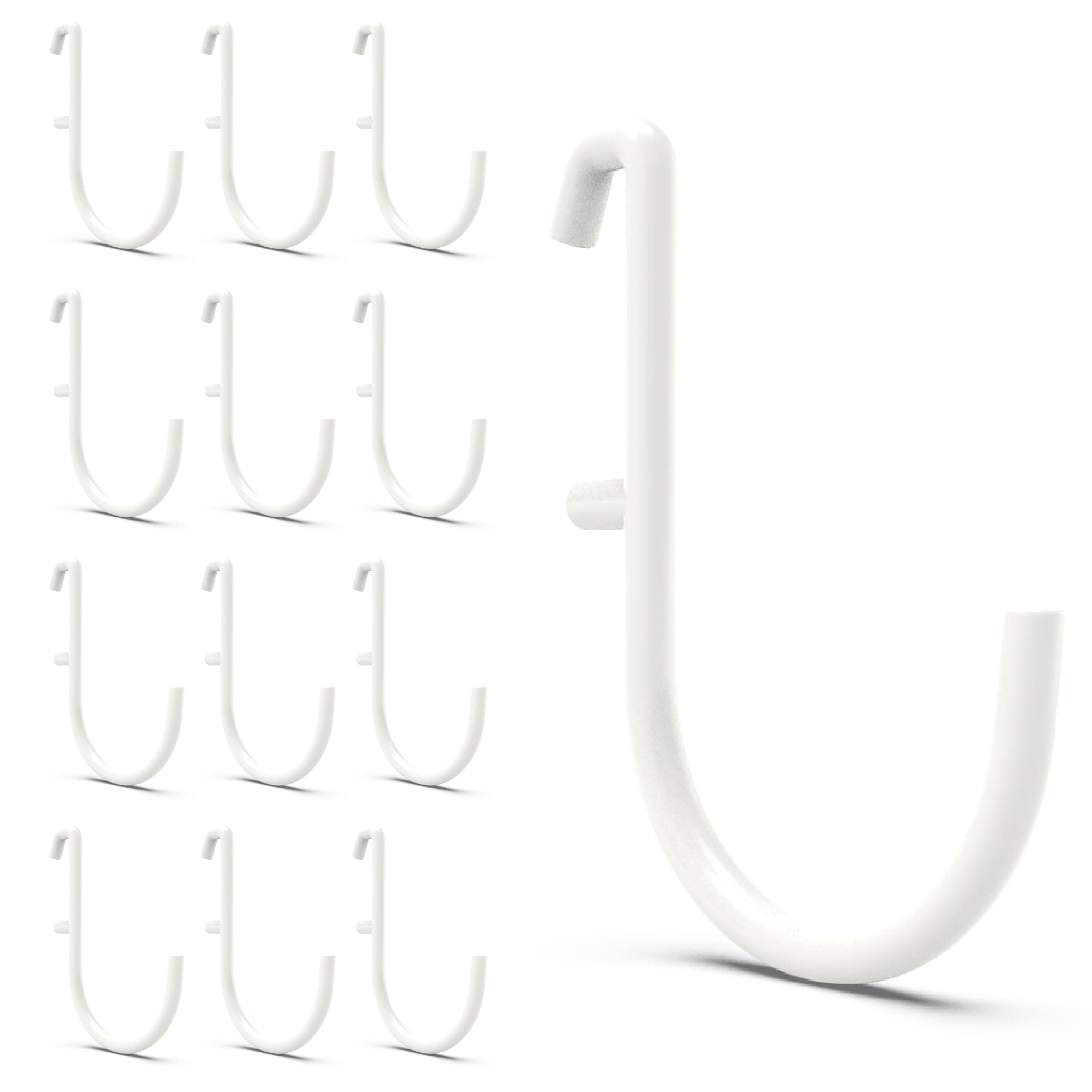 Stainless Steel J-Shape Pegboard Hooks, 12 Pack, White, Modern, Wall Mount, 18lbs Max Weight, Compatible with IKEA Skadis Pegboard