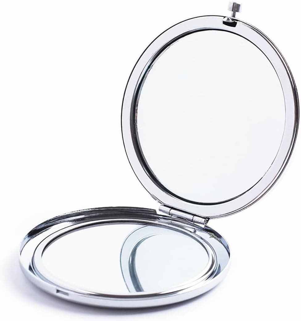 HREW Magnifying Compact Small Mirror for Purses with 2 x 1x Magnification, Folding Mini Pocket Double Sided Travel Makeup Mirror, Perfect for Purse, Pocket and Travel (Silver)
