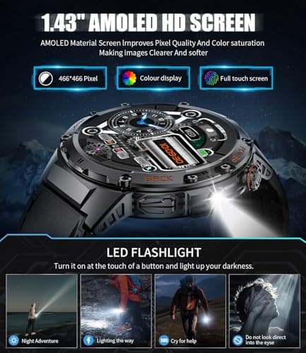 Military Smart Watches for Men with LED Flashlight(Answer/Make Calls) ,530mAh Large Battery,1.43’’ AMOLED,5ATM Waterproof Smartwatch for Android iOS,130+Sport Modes Heart Rate/Sleep Monitor Leather