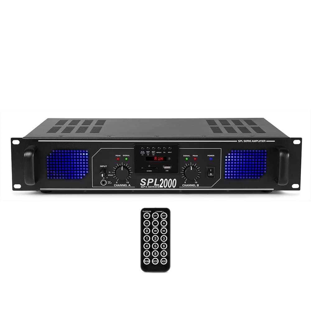 Skytec SPL-2000 Stereo Power Amplifier - 2000W PA & DJ Amp with FM Radio, USB MP3 Player, SD Slot, RCA Inputs, LED Display, Home Hi-Fi & Bar Installation, 19 Inch 2U Rack Mountable, Black