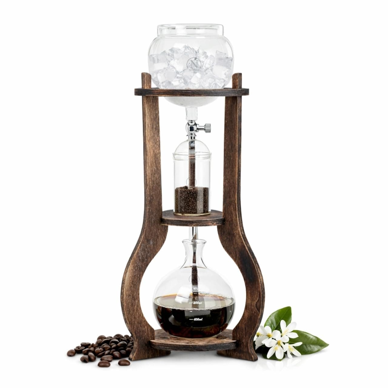 Nispira Iced Coffee Cold Brew Drip Tower Coffee Maker, 6–8 Cup Manual Cold Brew Brewer with Adjustable Valve, Wooden Frame & Glassware, Slow Cold Extraction System