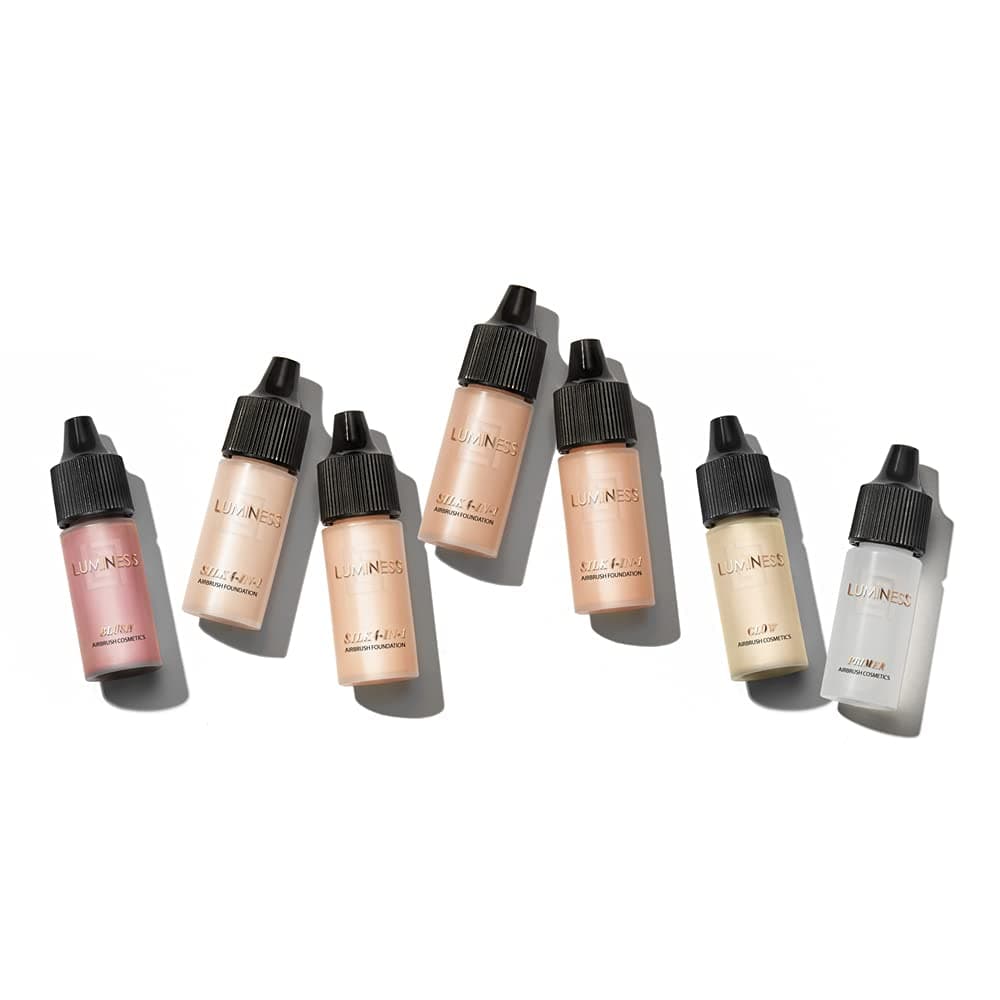 Luminess Air Basic Airbrush Makeup Kit and 9-Piece Silk 4-In-1 Airbrush Foundation Starter System, Deep Coverage - Quick, Easy and Long Lasting Application - Includes Primer, Blush and Glow