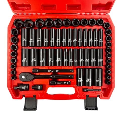 64pcs 3/8" Socket Set,Drive Impact Socket Set, SAE/Metric, Deep & Shallow, Cr-V Steel, 6 Point with Adapters, 72T Ratchet Handle, Extension Bars,Bit Adapter,6-19mm,5/16-1 inch