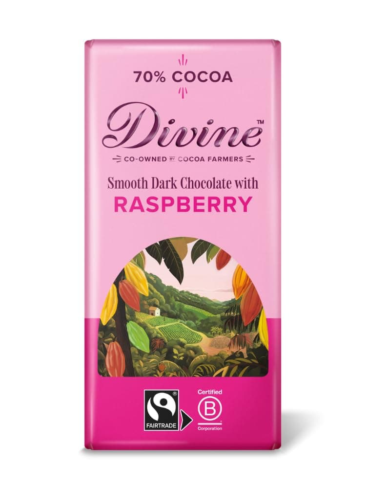 DIVINE CHOCOLATE Dark Chocolate 70% Raspberry, 90 GR