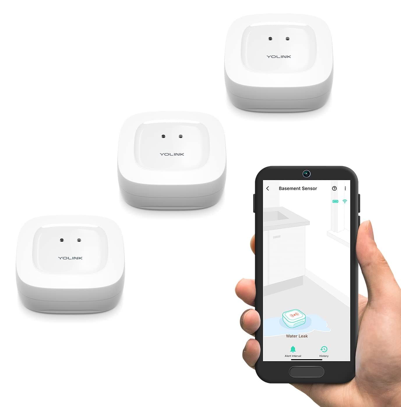 YoLink 3 Pack Smart Water Leak Sensor, 1/4 Mile Range, Alexa & IFTTT Compatible, App Notifications - Hub Required (YS7903-UCx3)