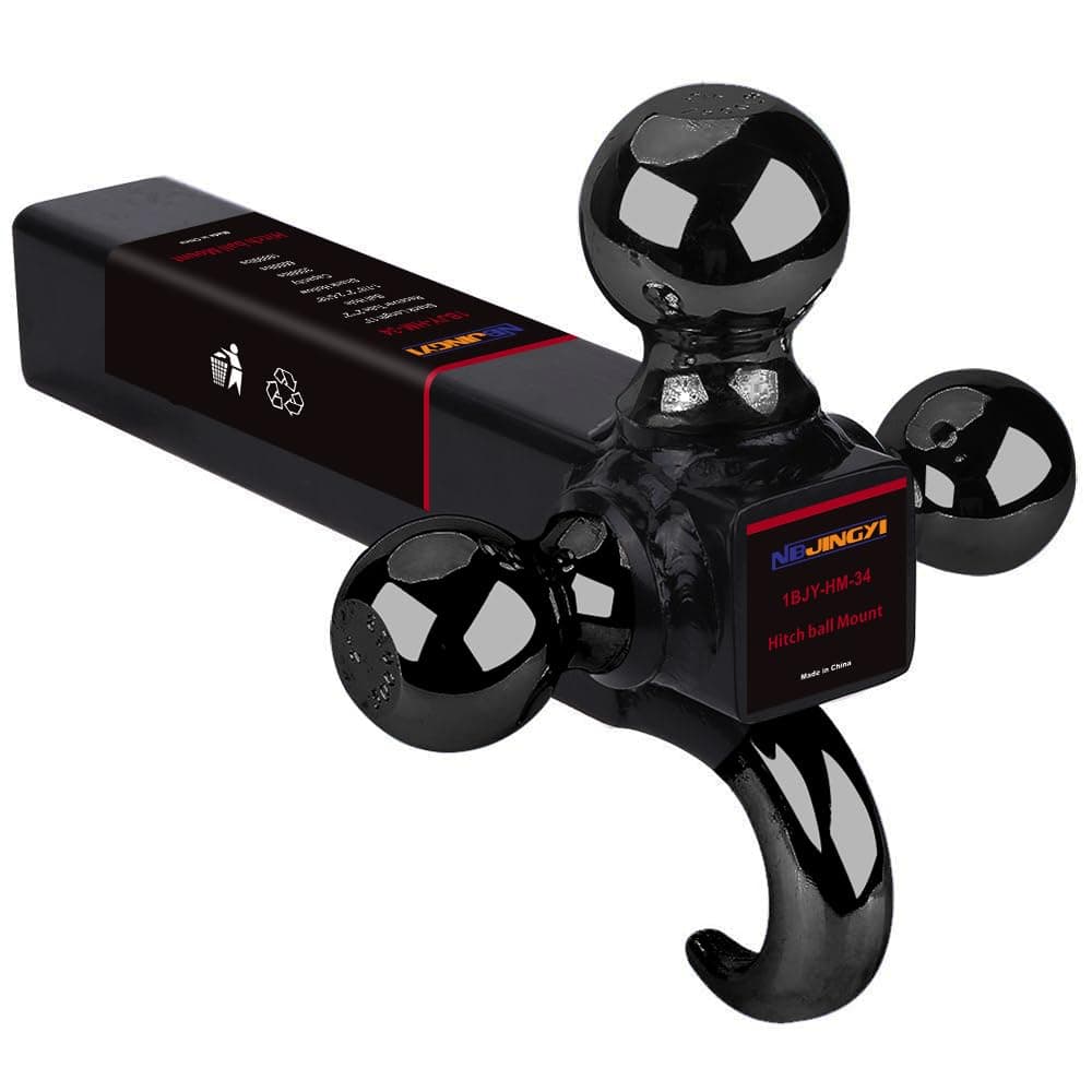 NBJINGYI Tri-Ball Mount with Tow Hook for 2" Receiver, 1-7/8", 2" and 2-5/16" Hitch Balls, 2,000/6,000/10,000 lbs Capacity, E-Coated Black Finish for Trucks, Tractors and U-Haul Trailers