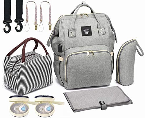 Diaper Bag Set, Backpack + Lunch Bag + Changing Pad + Insulated Pockets + 2 Pacifier Clips + 2 Pacifier Case + 2 Stroller Straps, Multi-Function Waterproof Maternity Nappy Bags (Deepblue Set)