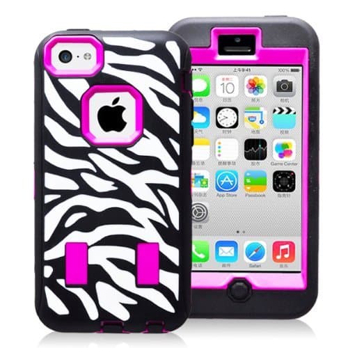 Apple iPhone 5C Hybrid (Hard Plastic inside, Silicon Gel Outside) Defender Impact Case Cover Snap-On Zebra Skin Design Animal Safari - Hot Pink / Black