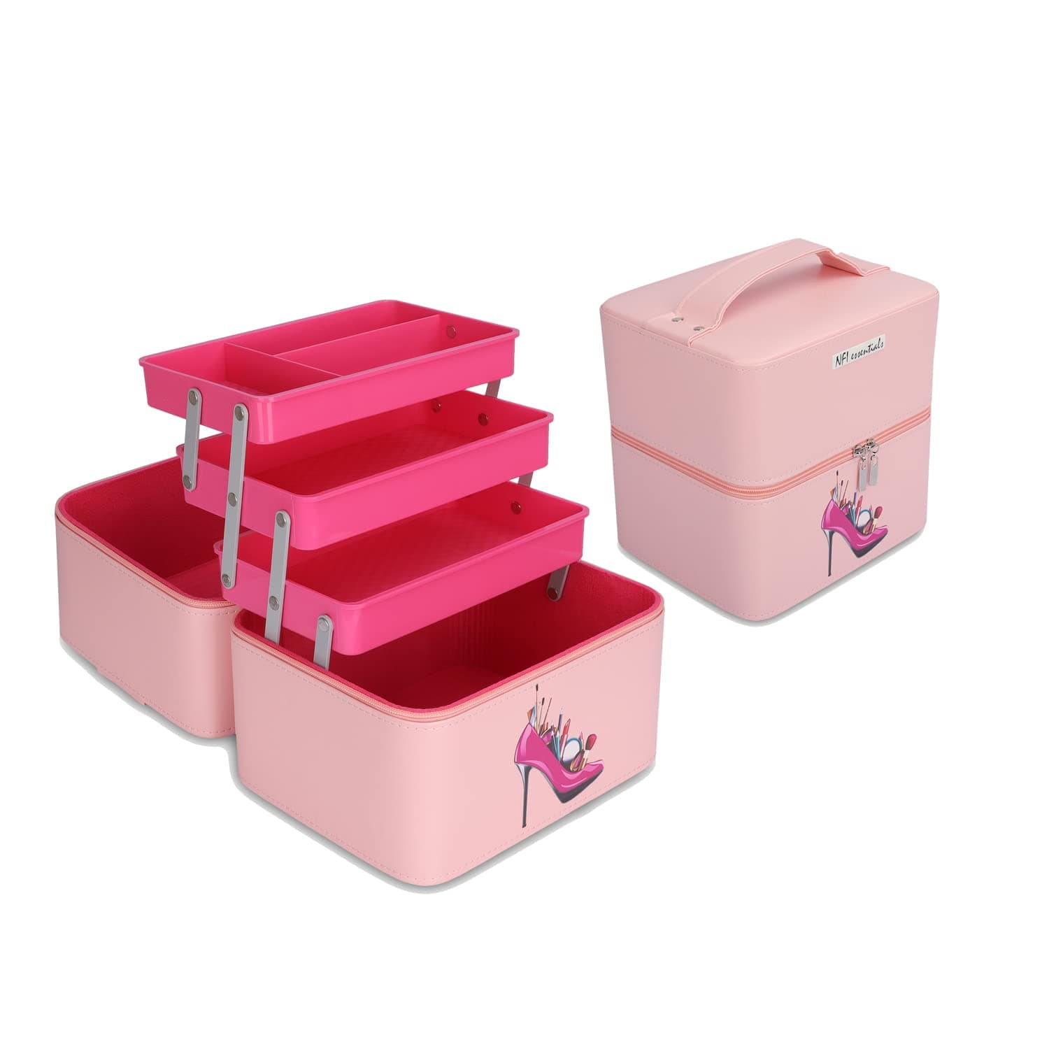 NFI essentialsPU 3 Layer Large Makeup Box Cosmetic Storage Bag Vanity Case Trousseau Box Beauty Organizer, Light Pink, 24x20x23.5 cm, Travel Accessories