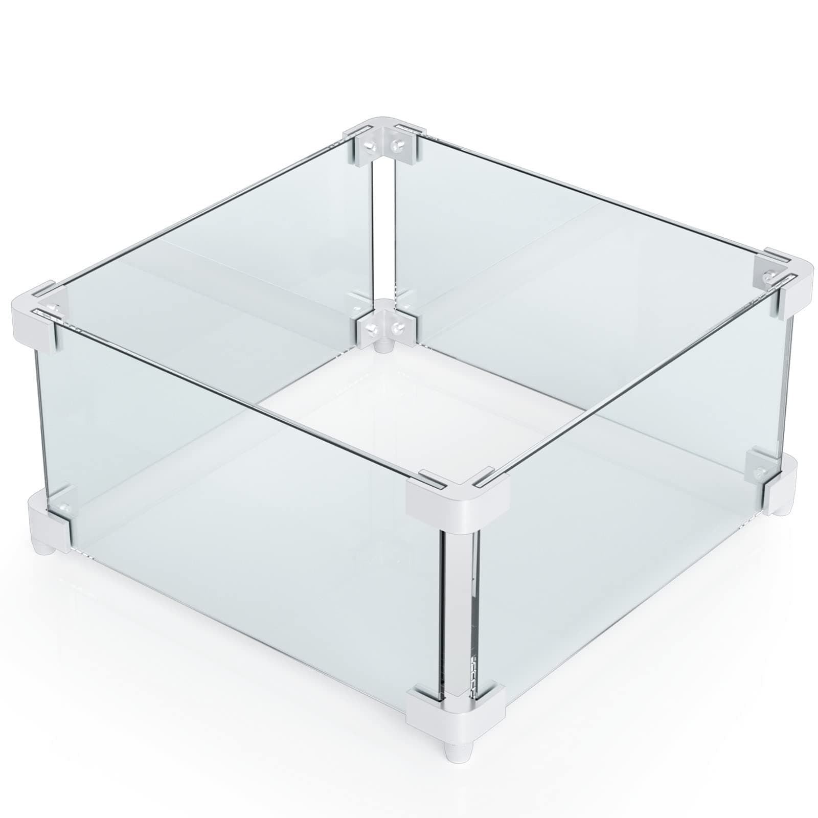 Grisun Square Fire Pit Glass Wind Guard - 14.2 x 14.2 x 6 inch, Thick 5/16 inch Heat-Resistant Tempered Glass Guard with Aluminum Alloy Corner Bracket and Aluminum Feet for Propane, Gas, Outdoor