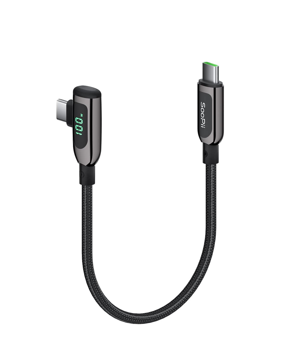 SooPii 100W Right Angle USB C to USB C Cable, 1FT Zinc Alloy Braided Type-C Cable with LED Display for lPad Mini/Air/Pro, MacBook Pro, Galaxy S24/S23/S22/S10, Pixel, LG