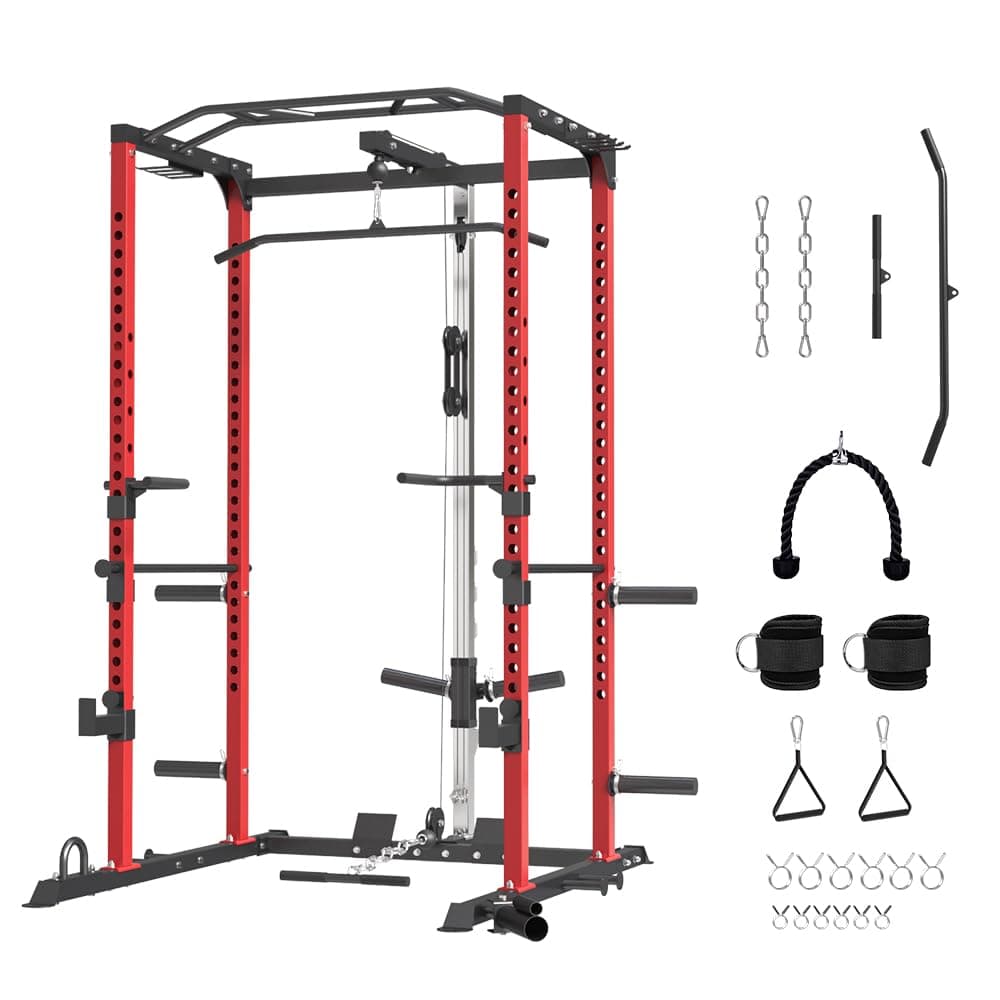 FAGUS Power Cage, Multi-Function Power Rack with LAT Pulldown, Seated Row, Cable Pulley System, J-Hooks, Dip Handles, Landmine, Squat Rack with Optional Cable Corssover, Smithe Attachment for Home Gym