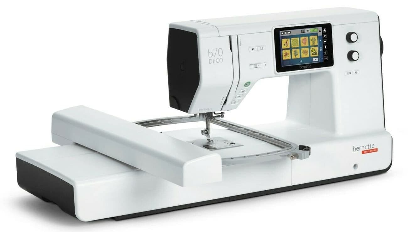 Bernette B70 Deco Sewing Machine with Embroidery Kit, 5-inch LCD Display, 208 Motifs, 3 Hoops, Bobbins, Needles, Threader, Extension Table, LED Light, Professional Presser Foot, for Quilting Projects