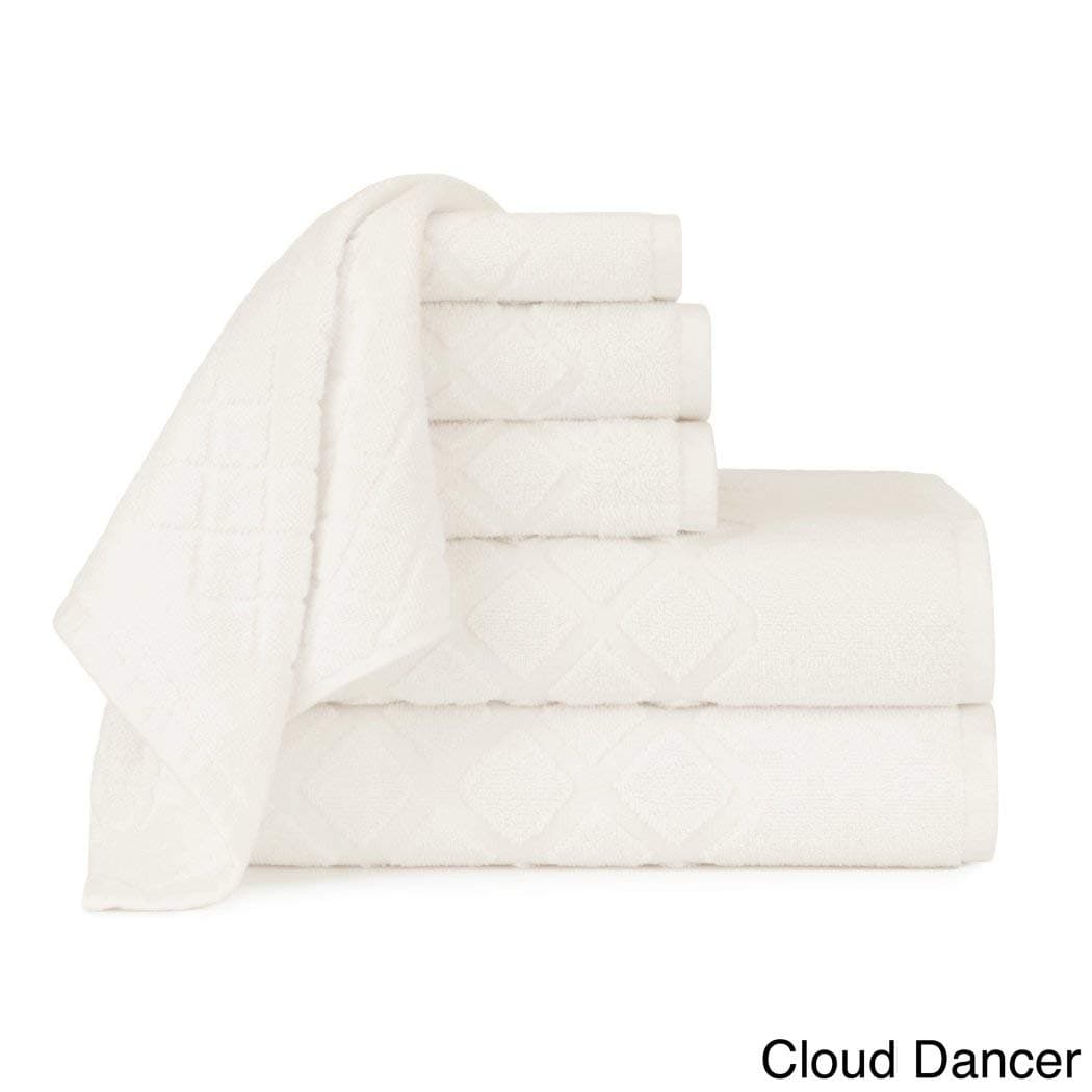 UK4 6 Piece Ivory Jacquard Towel Set, White Diamond Pattern Theme Solid Colored Textured Bath Towels Sleek Trendy Modern Bathroom Shower Hand Washcloth Shower Bathtub, Cotton