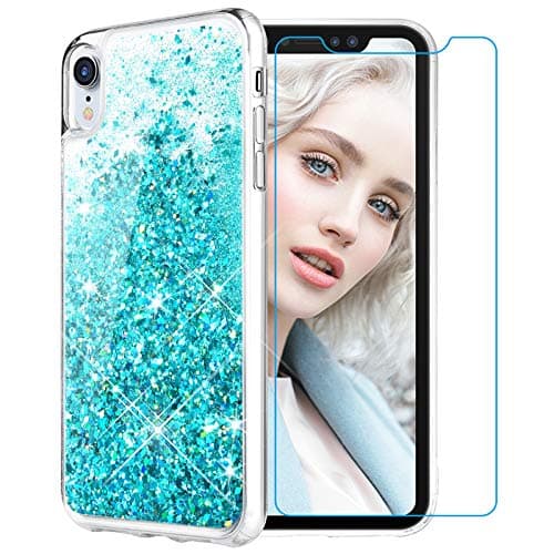 Maxdara Case for iPhone XR Glitter Case Tempered Glass Screen Protector Floating Liquid Bling Sparkle Luxury Pretty Fashion Girls Women Case XR 6.1 inches (Teal)