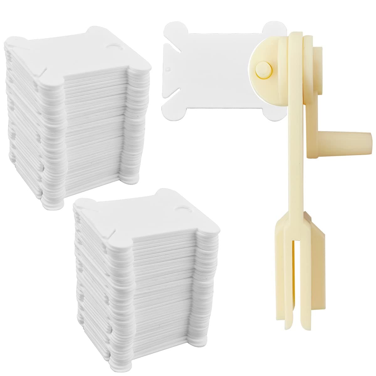 120 Pcs Plastic Floss Bobbins with 1 Pcs Bobbin Winder for Cross Stitch Cotton Thread Craft DIY Sewing Storage Thread Organizer Holder Embroidery DIY Cards (White)