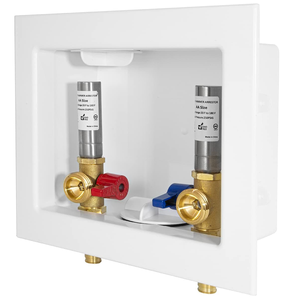 EFIELD Washing Machine Outlet Box with Center Drain with Brass 1/4 Turn Valves Installed, 1/2" Pex-a F1960 Expansion Fitting Connection x 3/4" MHT Connection, White, with Stainless Steel Arrestor