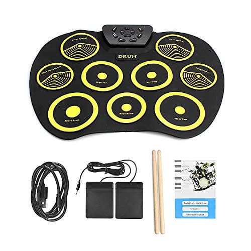 QStyle Portable Electric Drum Set,Foldable Roll Up Electronic Drum Set Pad for Adults Kids Beginner Teens with Two Sticks Two Foot Pedals