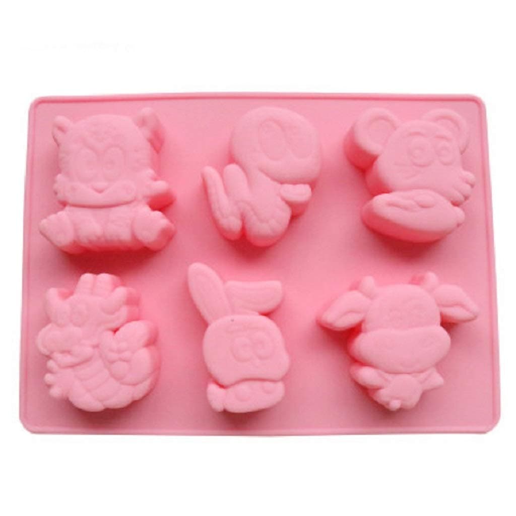 DBHappy Silicone Bakeware Multi Kinds Animals Shapes Cake Mold, Tiger Snake Dragon Rabbit Rat Cow Chocolate Cookie Fondant DIY Reusable BPA Free Cupcake Mould Baking Tray 6 Holes