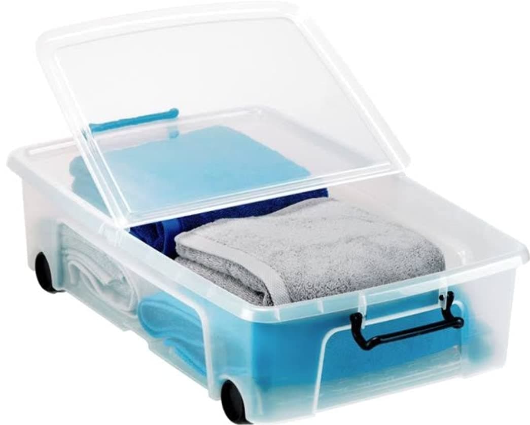 Made In UK, Plastic Underbed Storage Box With Wheels, Storage Box With Lid And Handle, 35 Liters- 69.5 L X 45.5 W X 18 H Cm, XW696