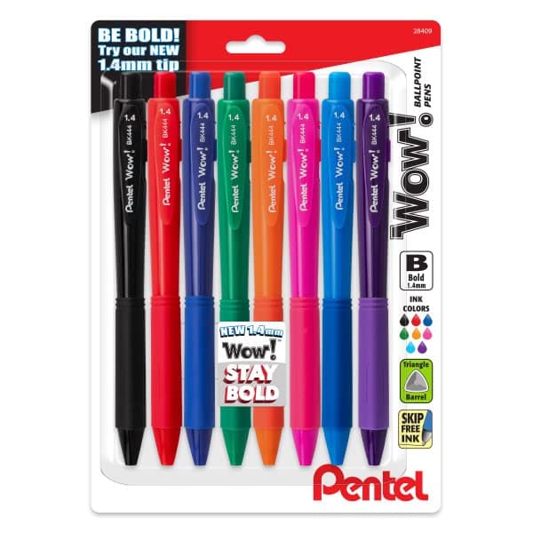Pentel Wow! Retractable Ballpoint Pen, (1.4mm) Bold Line, Assorted Ink Colors, 8 Pack (BK444BP8M)