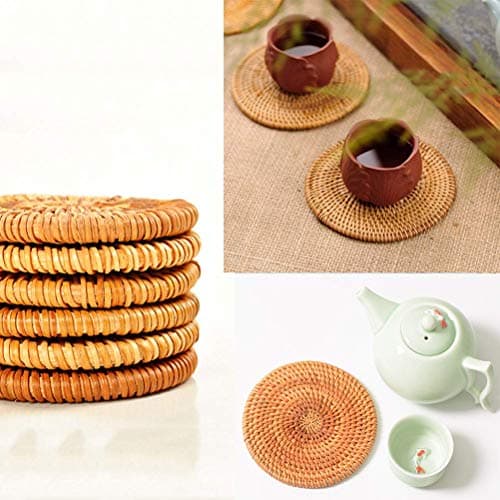 Rattan Coasters, Coasters Exotic Handmade Teacup Coasters, Creative Gift for Kitchen Table Drinks Crafts Table Desk Office Hote for Drinks,Round Natural Coasters, Drink Spills Coasters Set 6 PCS