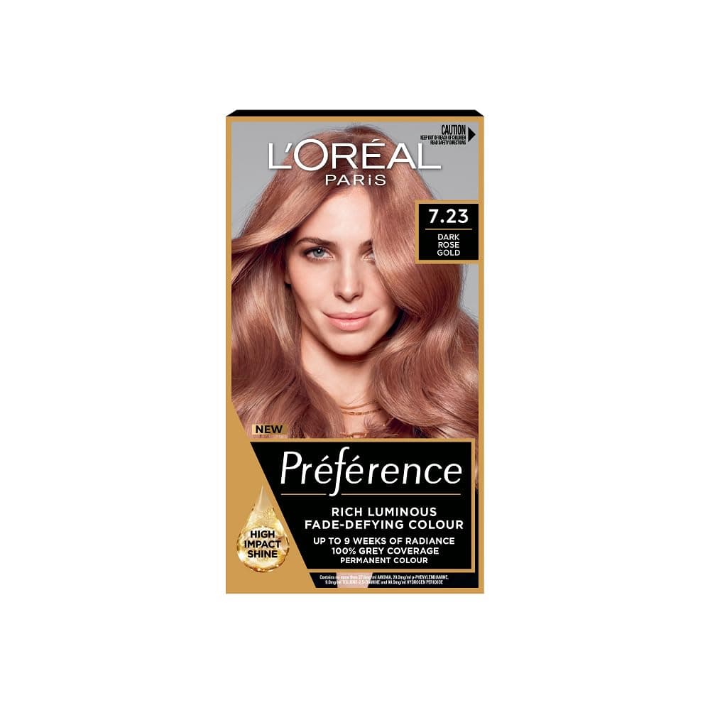Preference 7.23 Dark Rose Gold: Long-lasting, luminous permanent hair colour. Experience radiant, salon-inspired results with this beautiful dark rose gold, for shimmering, trendy colour.