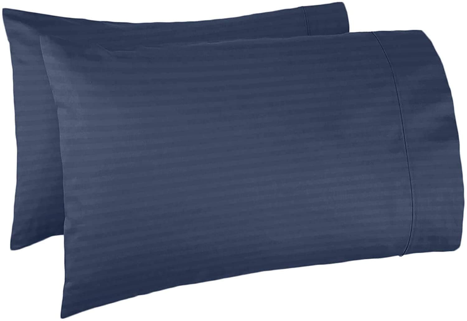 Cotton Satin Stripe Or Plaid Pillow Case Solid Color Pillowcase Home Hotel Use Queen King Size- Set of 2 (Navy Blue)