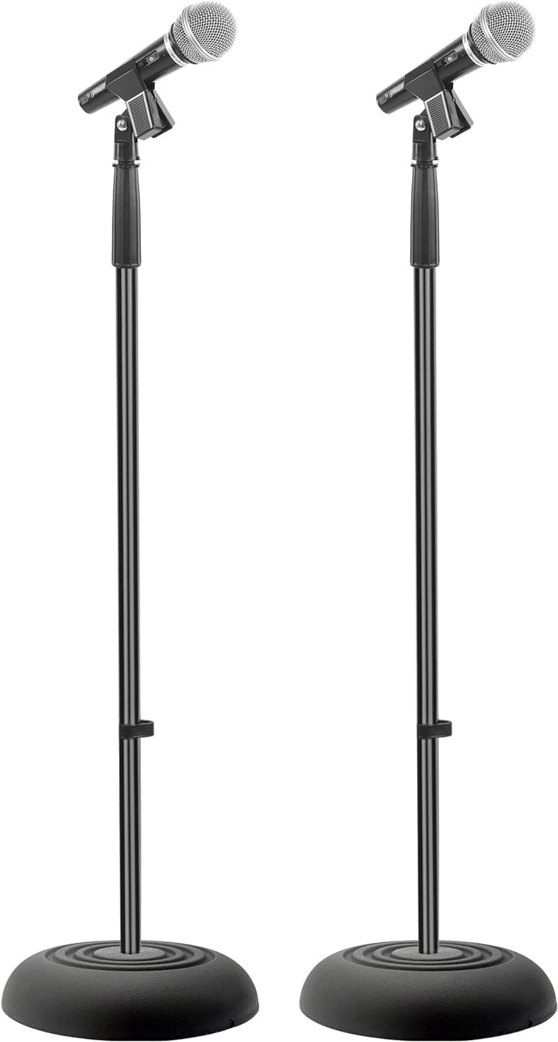 Pyle Microphone Stand Pair, Adjustable Boom Mic Stand with Compact Base, Heavy Duty Lightweight Floor Standing Mic Holder, Universal Adapter for Studio Recording and Stage Use