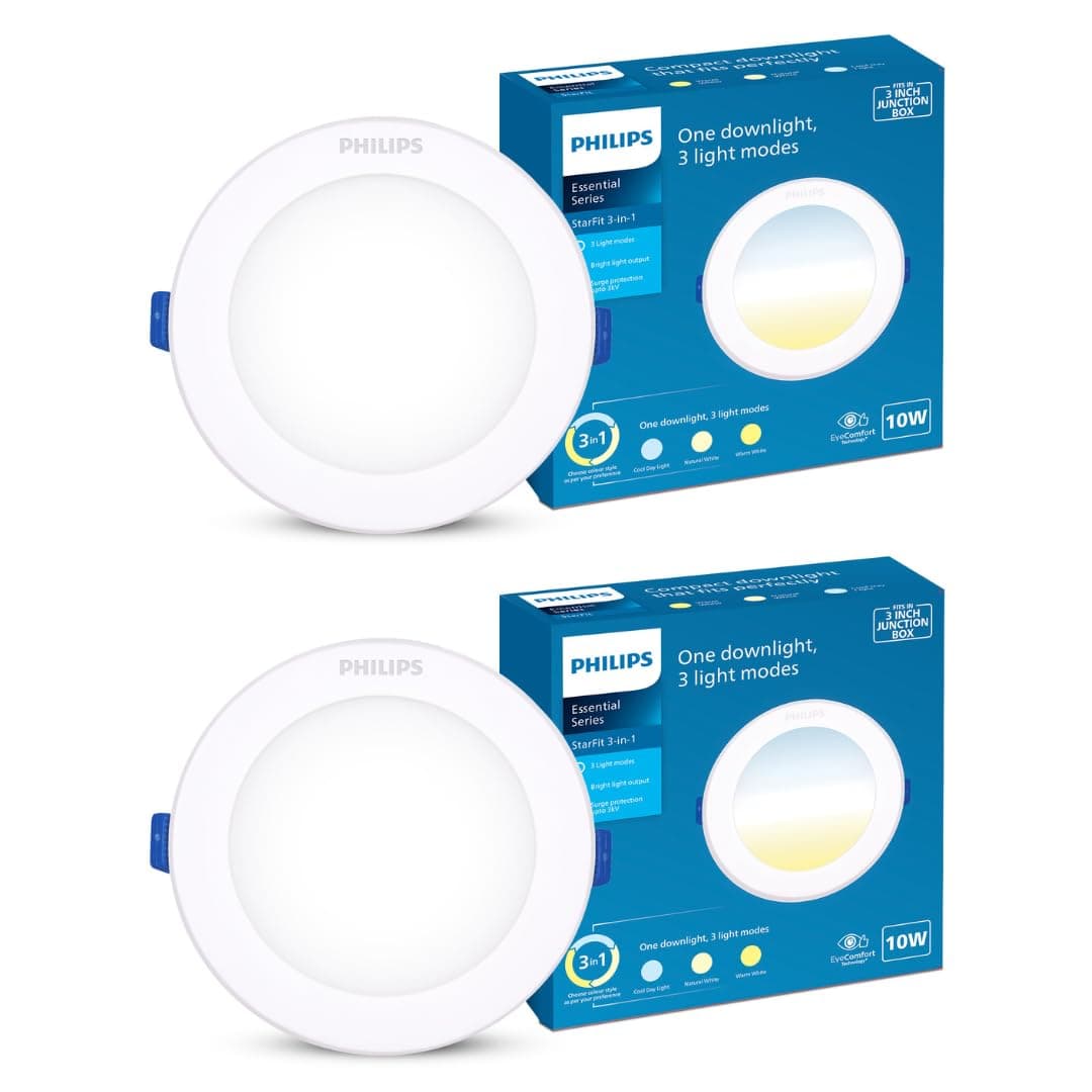 Philips polycarbonate 10-watt 3 Colours in 1 LED Downlighter|Starfit 3 Colours in 1 LED Downlighter for Home & Decoration|Colour : Tunable White, Pack of 2