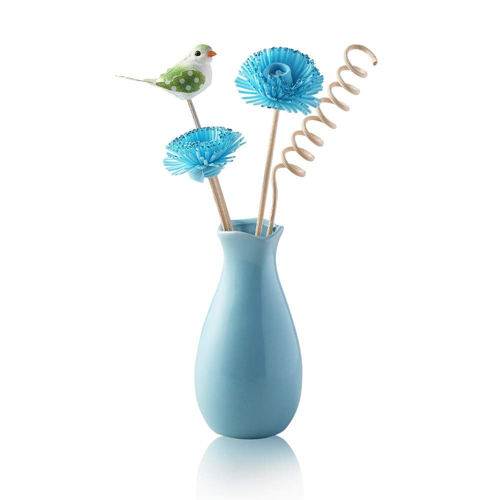 MAKWAY Essential Oil Perfume Diffuse Set with Artificial Flower Handmade Bird and Ceramic Vase Holder for Home Office Decoration (Blue)