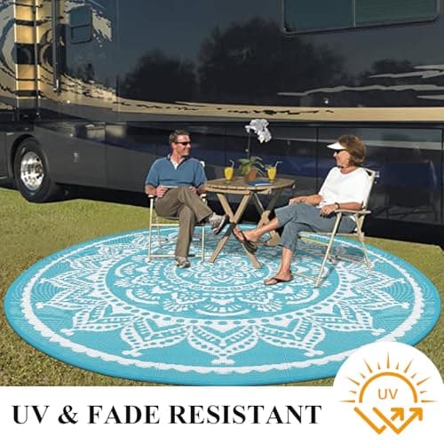 Bsmathom Waterproof Outdoor Rug 8ft Round Reversible Boho Plastic Straw Patio Deck Camping Rugs, Indoor Outdoor Portable RV Mat Carpet for Outside, Porch, Balcony, Backyard, Beach, Pool,Teal
