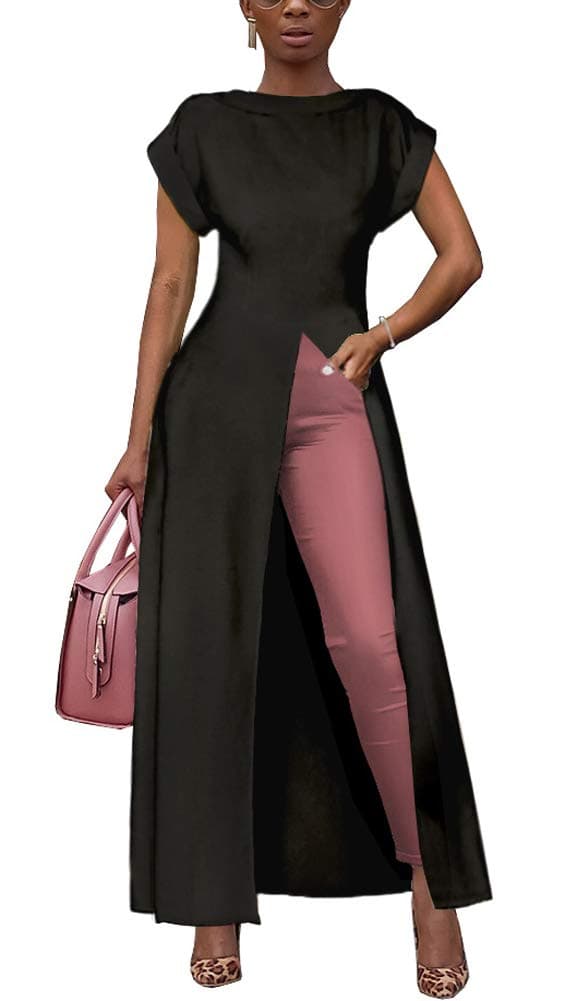 Womens Short Sleeve High Low Front Split Long Shirt Maxi Dress Black M