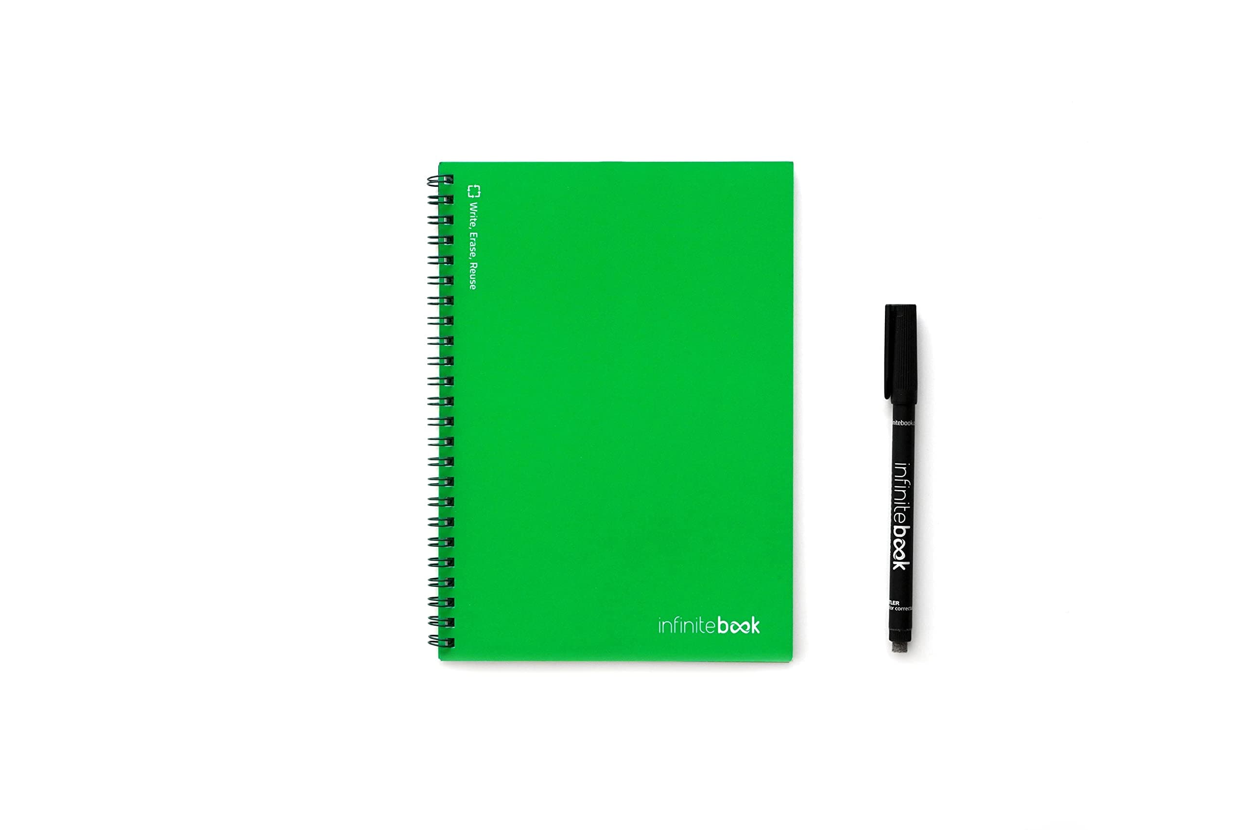 Infinitebook - Smart Reusable Eco-Friendly Whiteboard Notebook, A5, Plain, Spiral-Bound, Green Cover with Black Pen Included