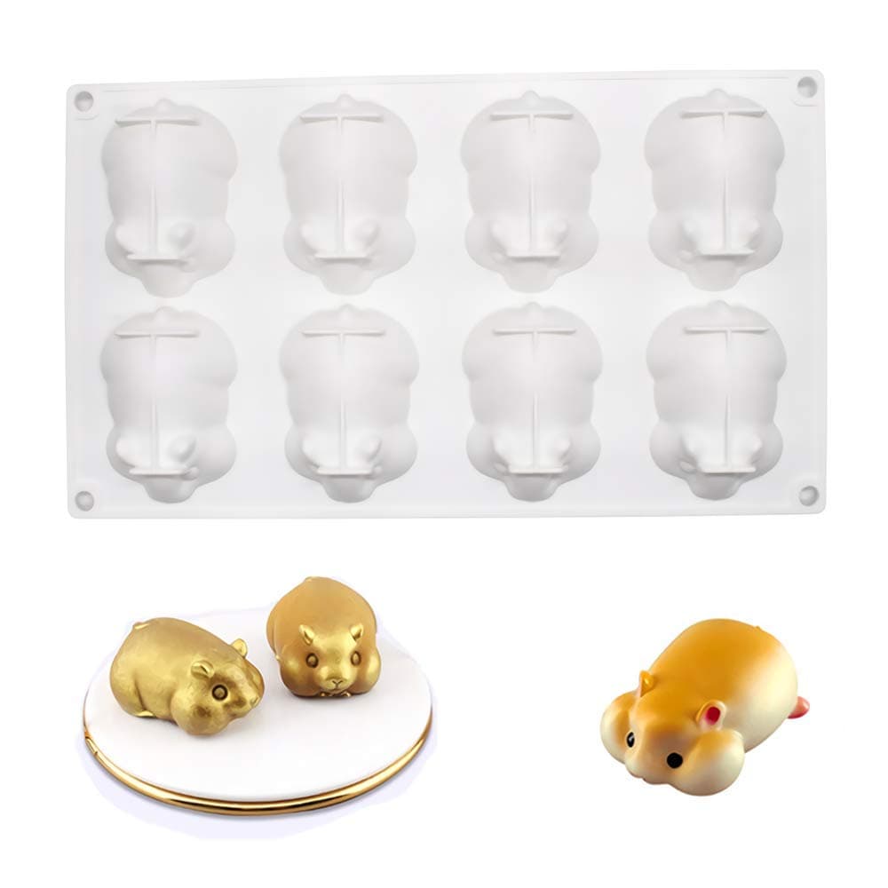 8 Cavities Small 3D Hamster Shape Silicone Mold Cake Baking Tray Dessert Mousse Cake Mold for Pastry Brownie Jelly Truffle Pudding Fruit Ice Cream Soap Candle Making Tool