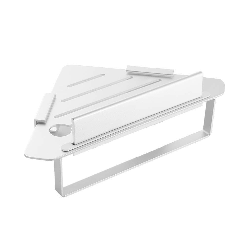 FORIOUS Bathroom Shower Caddy with Squeegee, Towel Ring and Robe Hooks, Kitchen Corner Shelf, Patented Glue + 3M Self-Adhesive, Aluminum