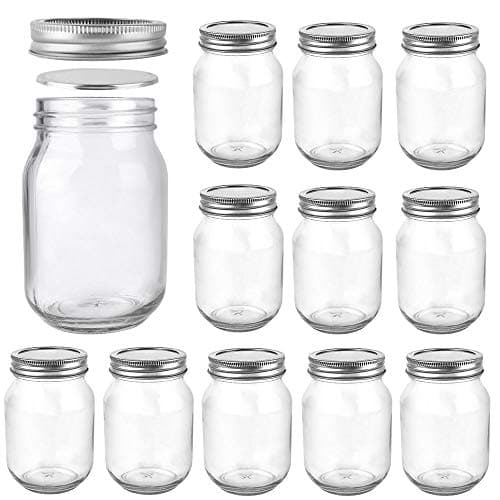 Betrome 16 OZ Mason Jar 12 Pack with Silver Regular Lids and Bands for Jam, Jelly, Honey, Beans, Spice, Wedding Favors, Shower Favors, Party Favors