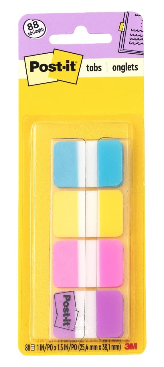 Sticky Tabs, 1 in. x 1.5 in., 4 Pads of Book Tabs in Assorted Bright Colors for Bookmarking, Annotating, Reading, and Reminders, Blue, Yellow, Pink, and Purple Colors (88 Total Count)