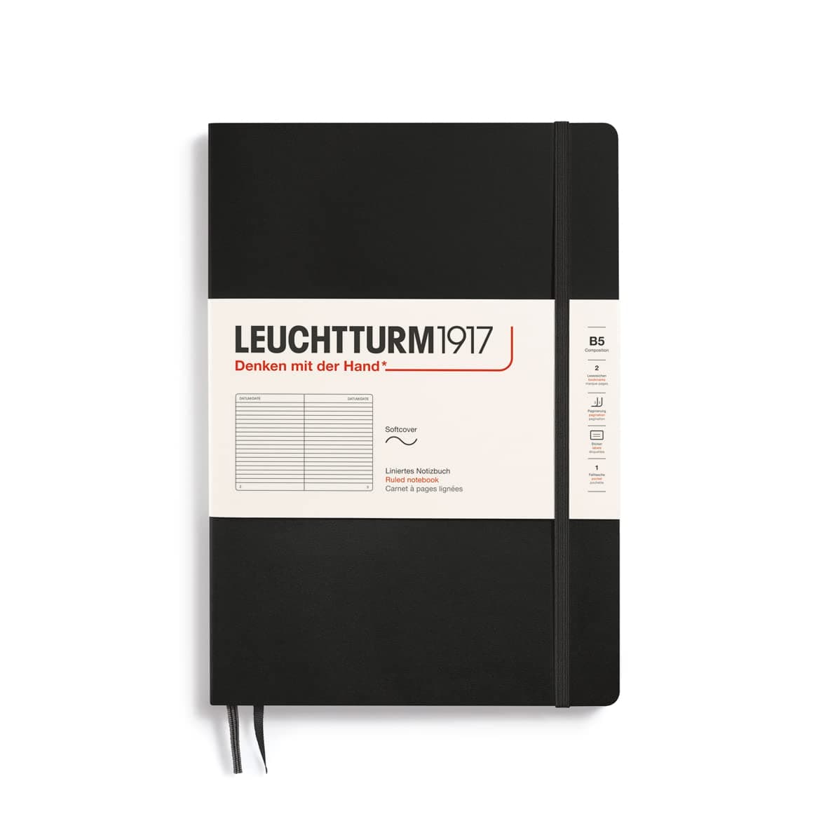 LEUCHTTURM1917 - Notebook Softcover Composition B5-123 Numbered Pages for Writing and Journaling (Ruled, Black)
