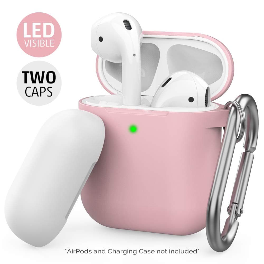 AhaStyle Duotone Case Silicone Protective Cover [Front LED Visible] Compatible with AirPods 1 and 2 Wireless Charging Case(with Carabiner, Pink/White)