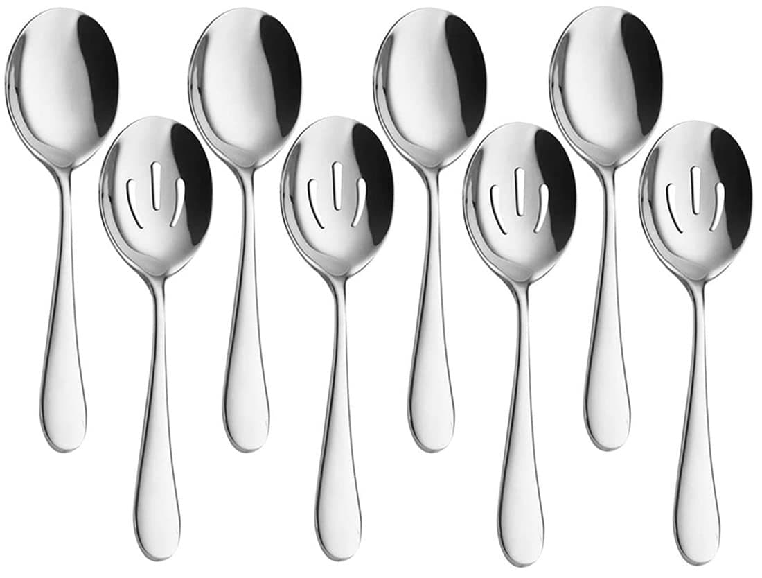 Funito 8-Piece Serving Set - Includes 4 Spoons and 4 Slotted Spoons, Stainless Steel Buffet Serving Utensils - Mirror Polished, Dishwasher Safe
