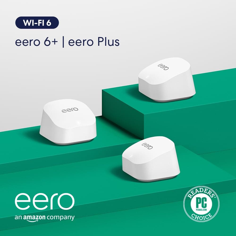 Amazon eero 6+ mesh wifi system with 1 month free eero Plus (auto-renews) - Coverage up to 4,500 sq. ft., Connect 75+ devices, 3-pack