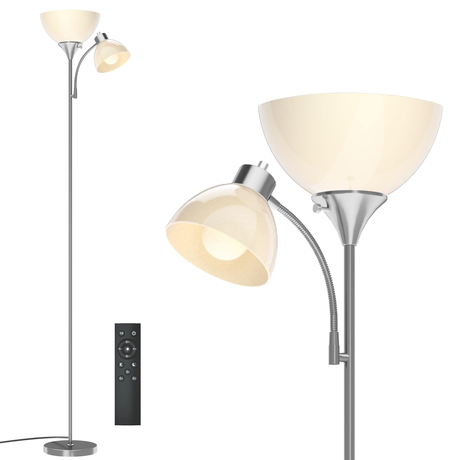 GERGO Floor Lamp, Remote Control with 4 Color Temperatures, LED Torchiere Floor Lamp with Adjustable Reading Lamp for Bedroom, Standing Lamps for Living Room, Bulb Included (Brushed Nickel)