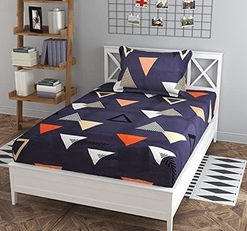 DECOMIZER Cotton Feel Glace Cotton Elastic Fitted Printed King Size Double Bed Bedsheet with 2 Large Size Pillow Covers (36 x 72 Inches, Grey Traingle)