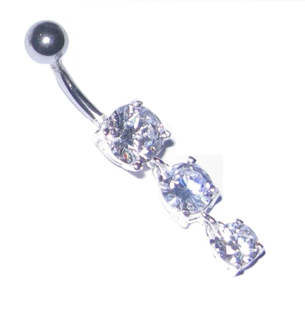 925 SILVER Dangle Belly Bar 3 DROPS Clear Crystals Choose Length Bar